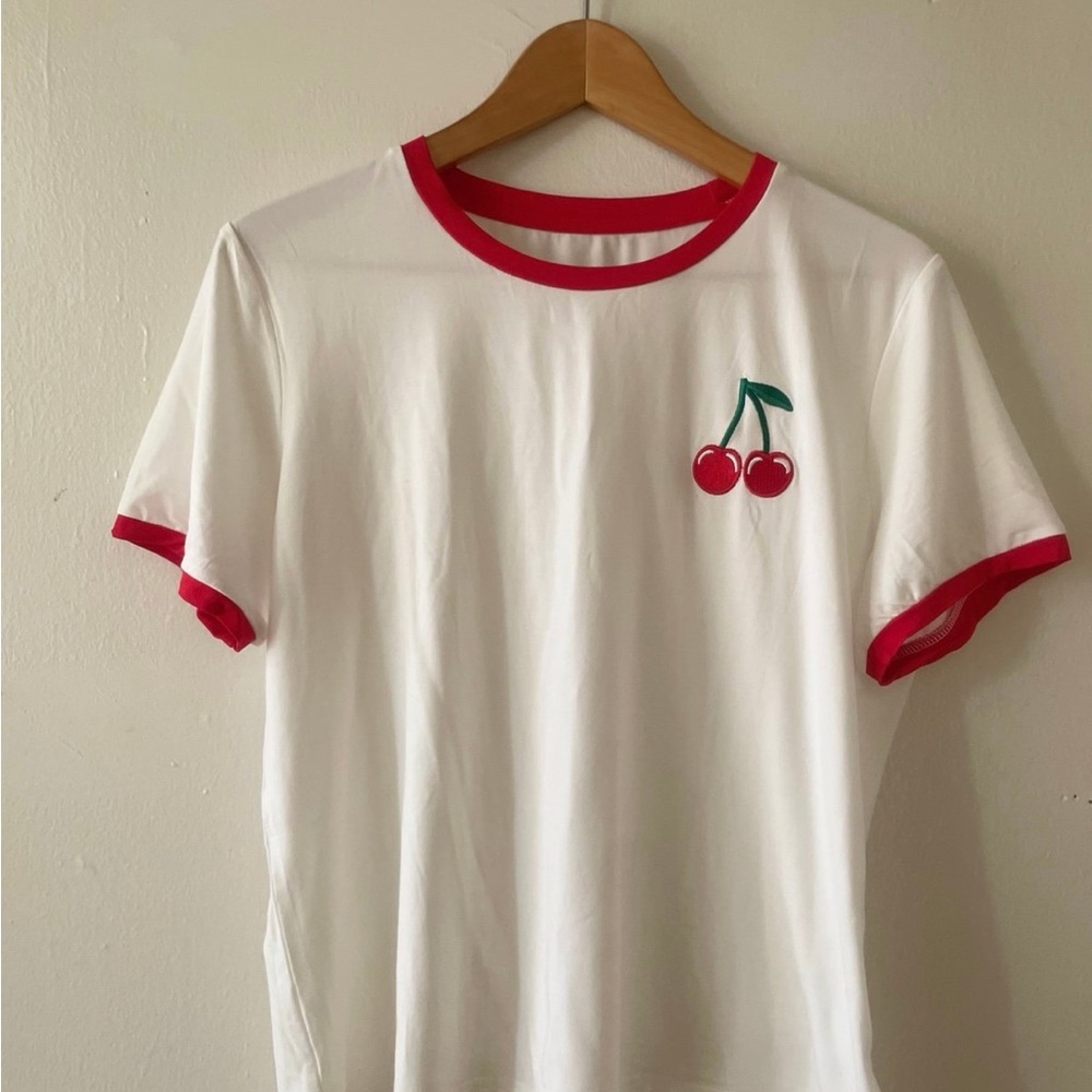 White T-Shirt with Red Trim and Cherry Embroidery